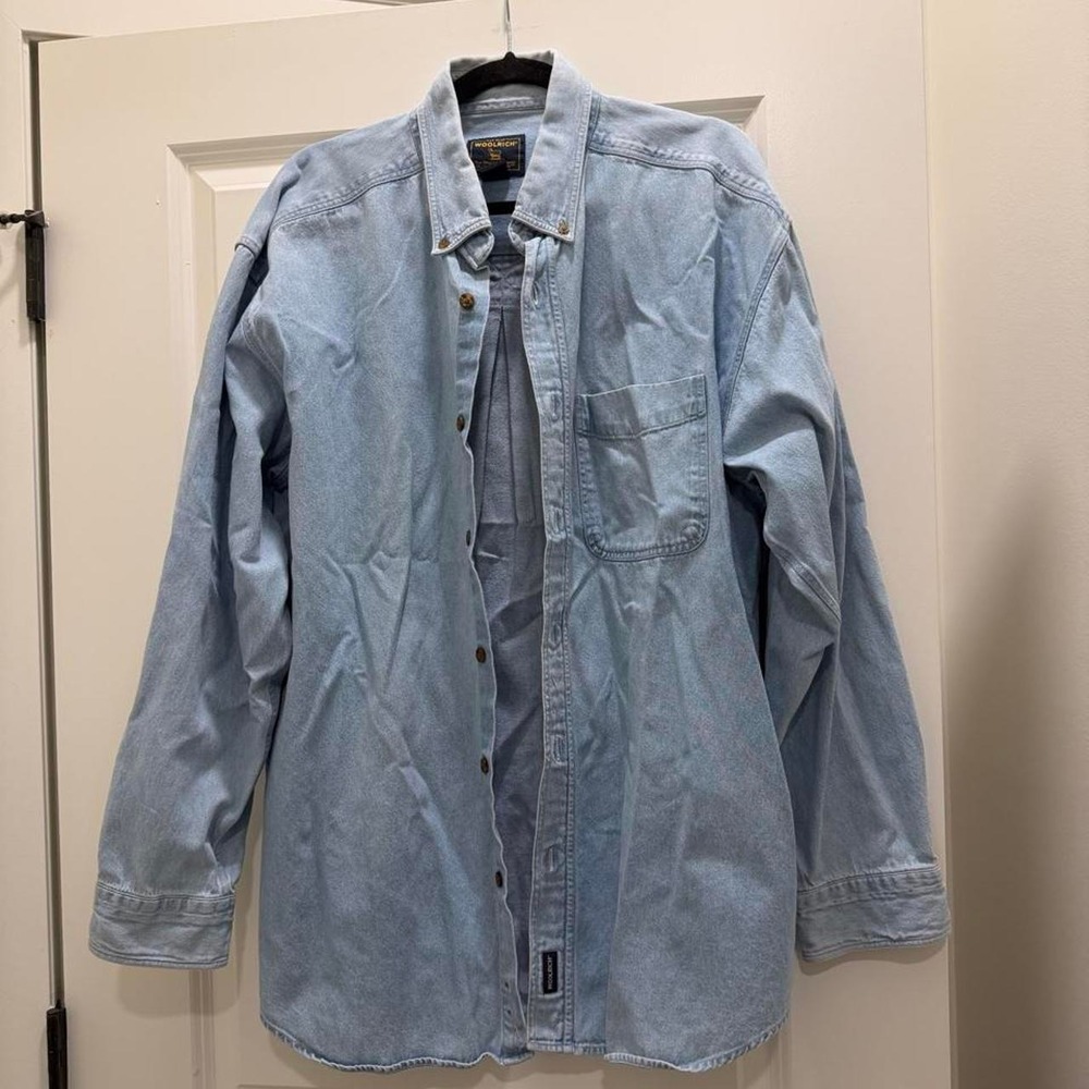 Woolrich Mens Light Wash Denim Button Down Shirt XL Long Sleeve Outdoor Classic